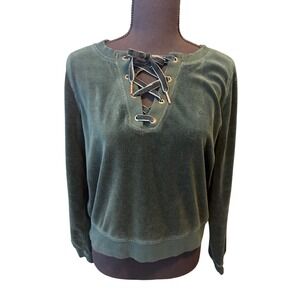 Betsey Johnson Velour Lace Up Sweatshirt Green Performance Womens M Christmas